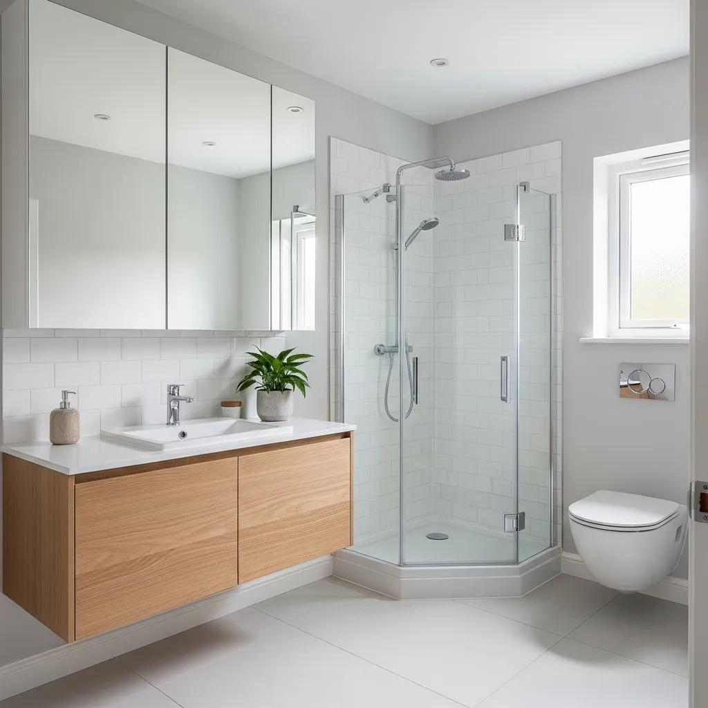 Stylish small bathroom featuring a floating wooden vanity, corner shower with glass enclosure, modern fixtures, and eco-friendly design elements.