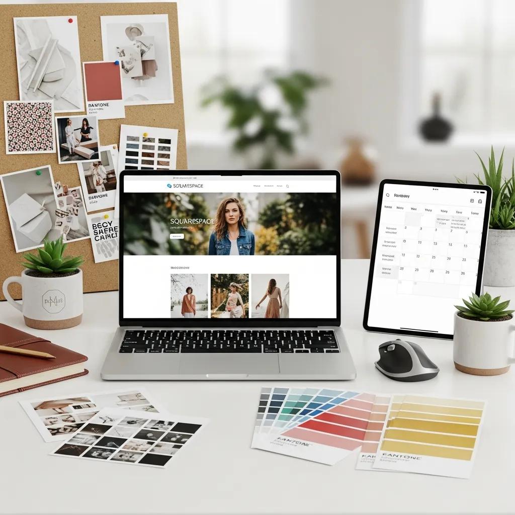 Laptop showing a Squarespace site in a stylish workspace, highlighting design and scheduling tools