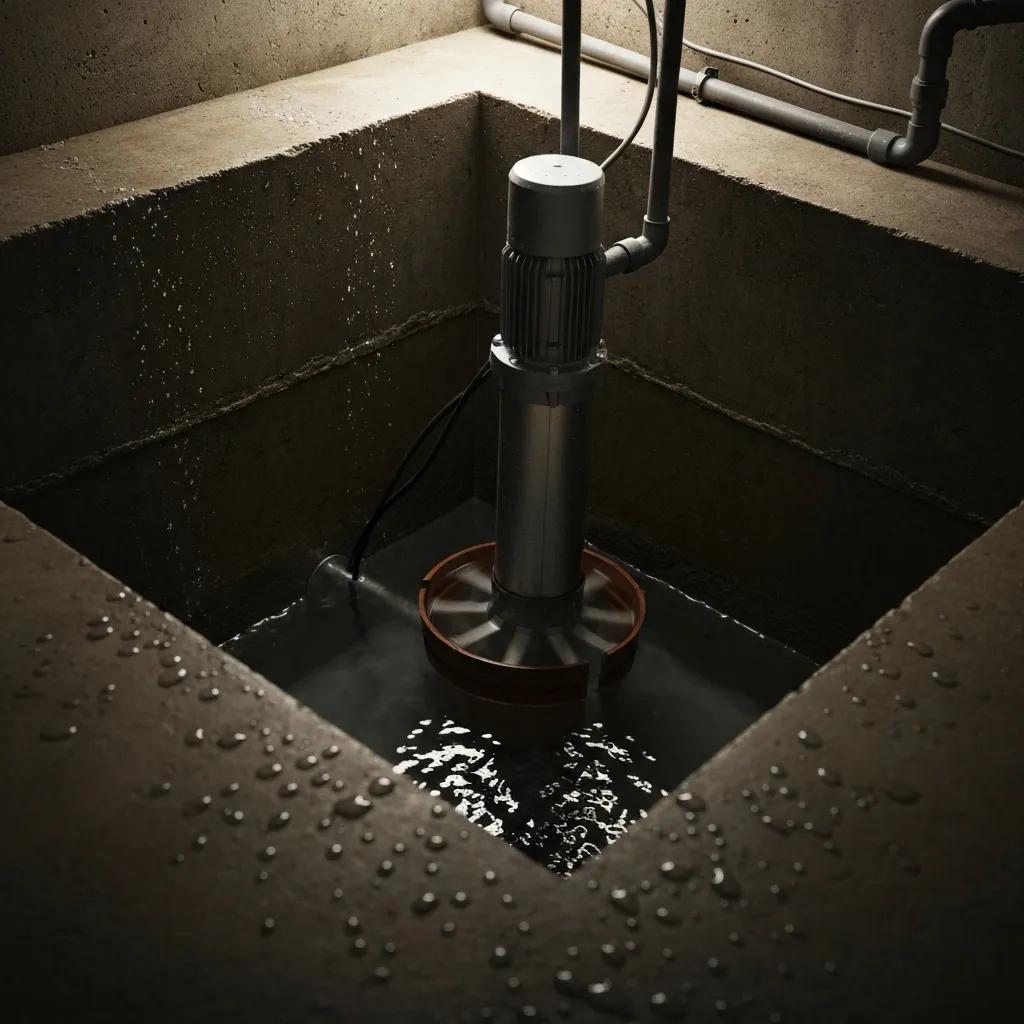 Submersible sump pump quietly running in a pit, illustrating noise reduction and efficient operation