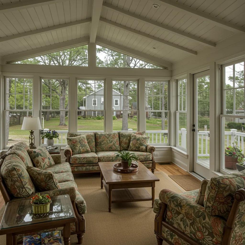 Sunroom addition to a home in Selbyville with large windows and comfortable furniture