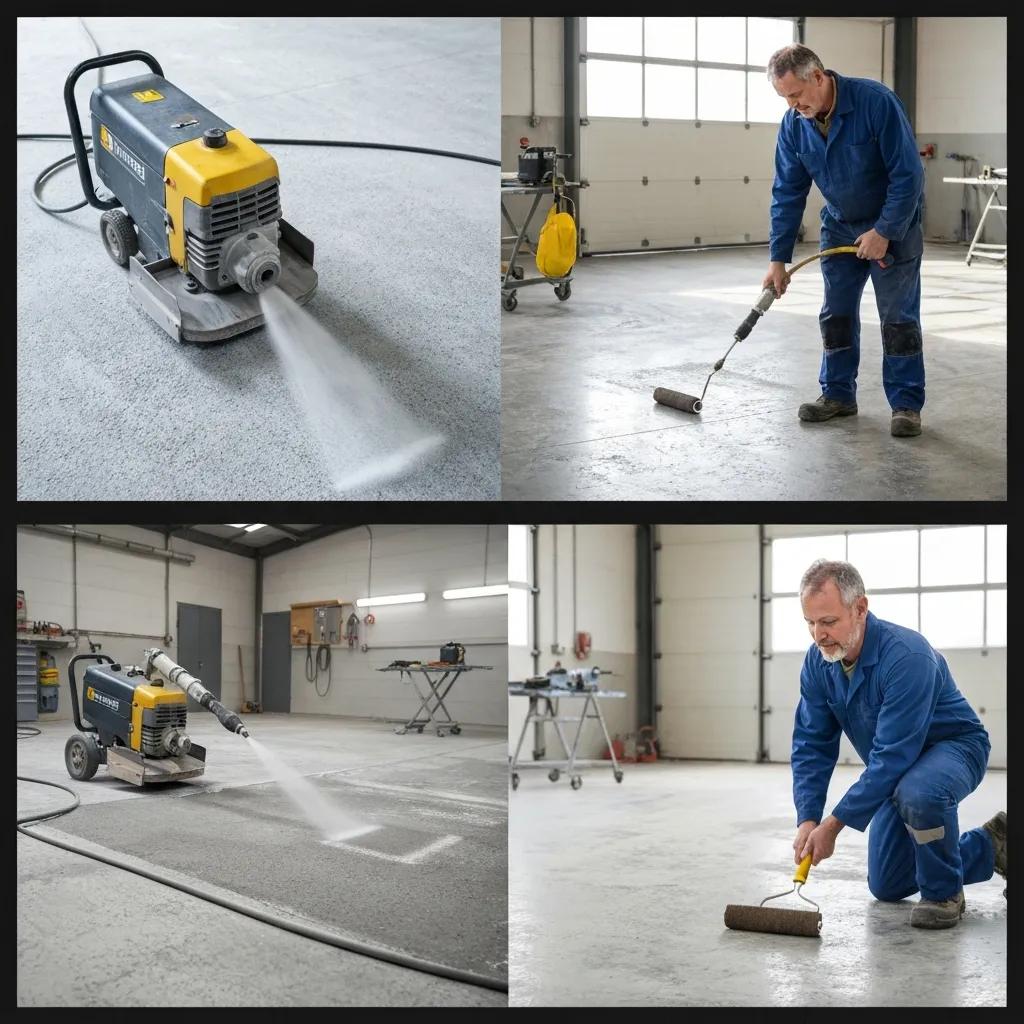 Surface preparation methods for epoxy flooring including grinding and blasting