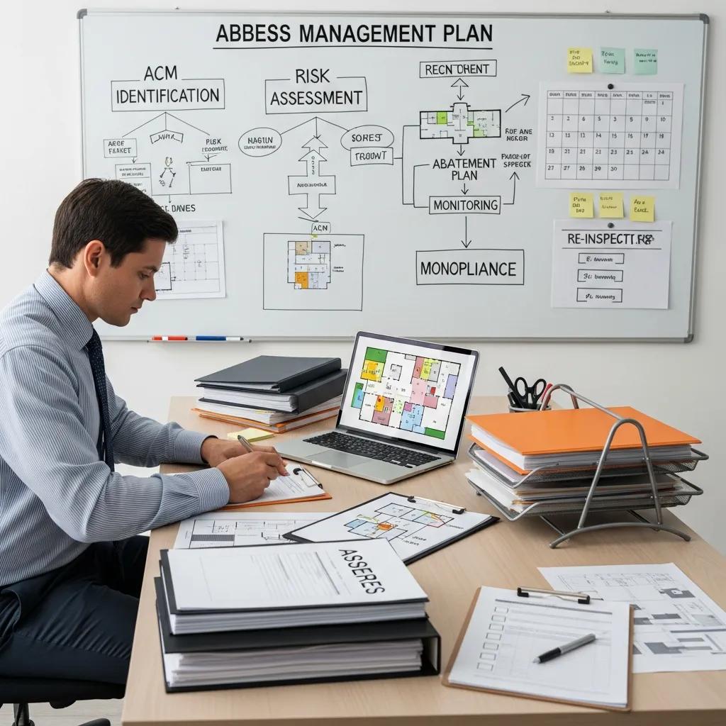 Surveyor drafting an asbestos management plan with clear documentation and planning tools Surveyor drafting an asbestos management plan with clear documentation and planning tools