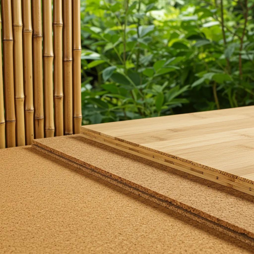 Sustainable flooring materials such as bamboo and cork displayed in a natural environment