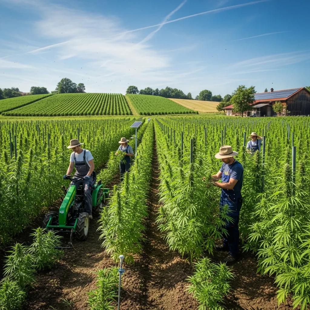 Sustainable hemp farm with farmers, highlighting eco-friendly cultivation practices