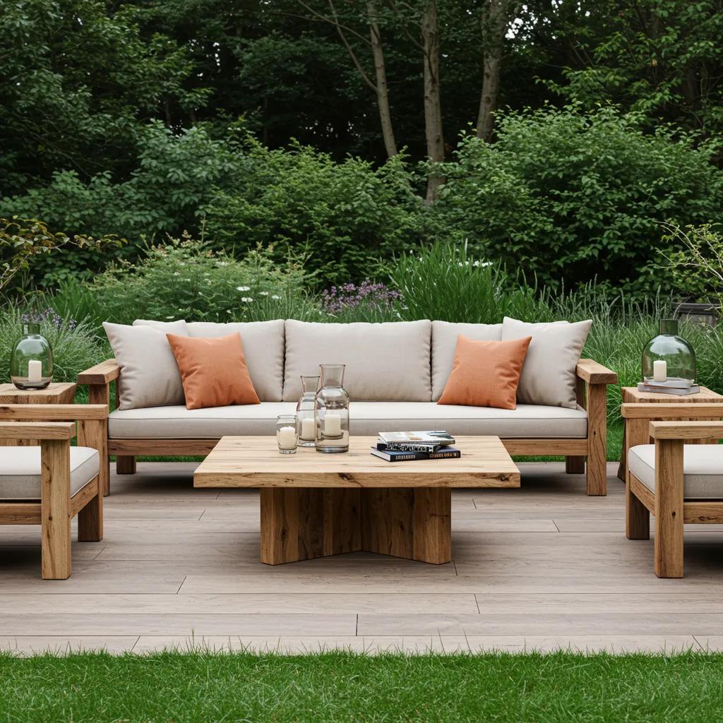 Sustainable timber furniture made from reclaimed wood in a natural outdoor setting, emphasizing eco-friendliness and design