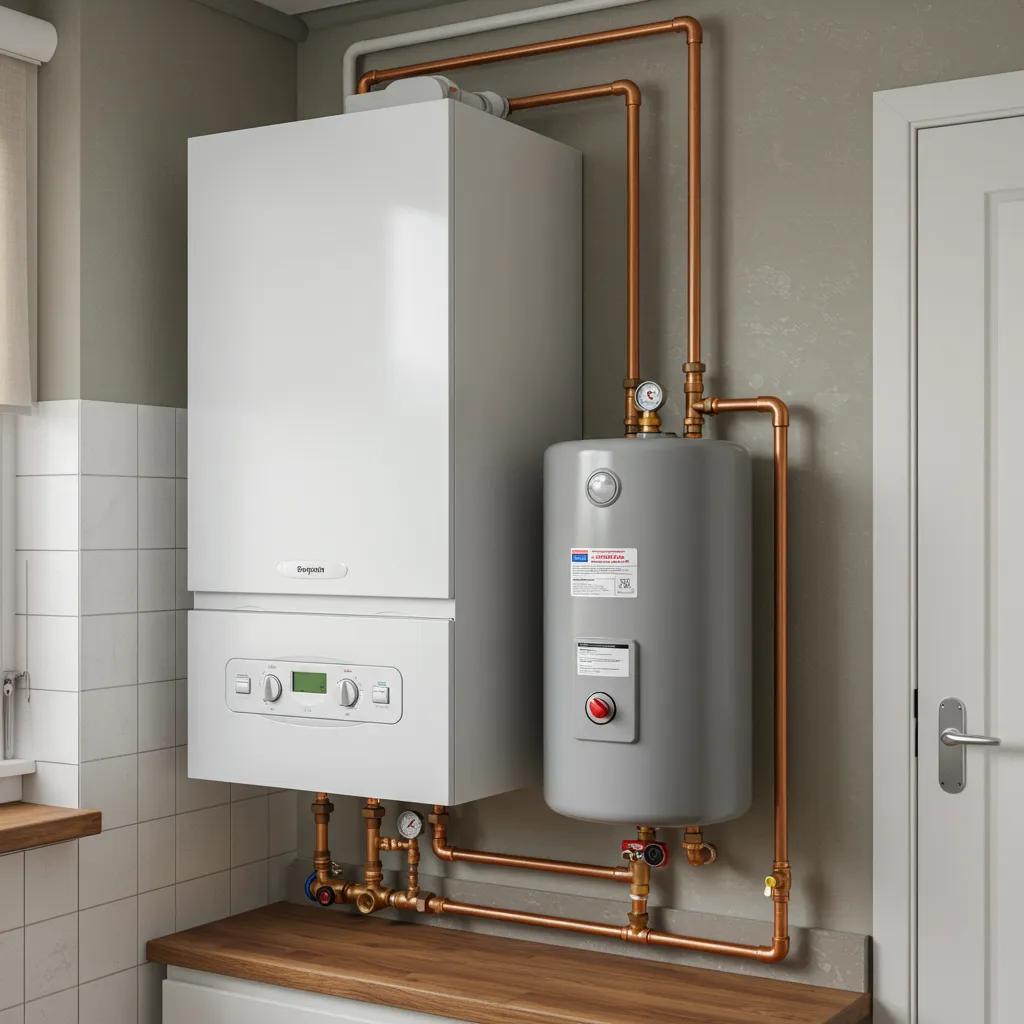 System boiler setup in a family home with a sealed hot water cylinder