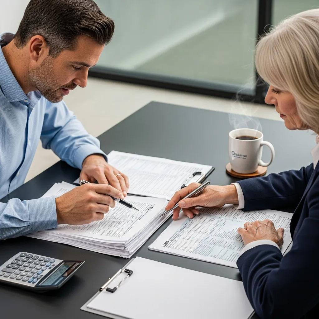 Tax advisor reviewing documents with a client in a professional setting