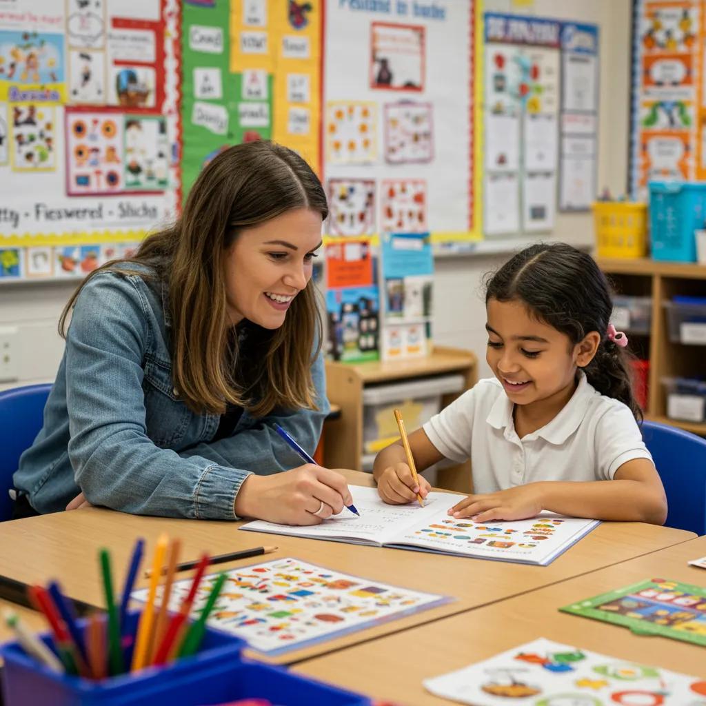 Teacher assisting a child with personalized learning materials, showcasing the impact of assessments on individualized education