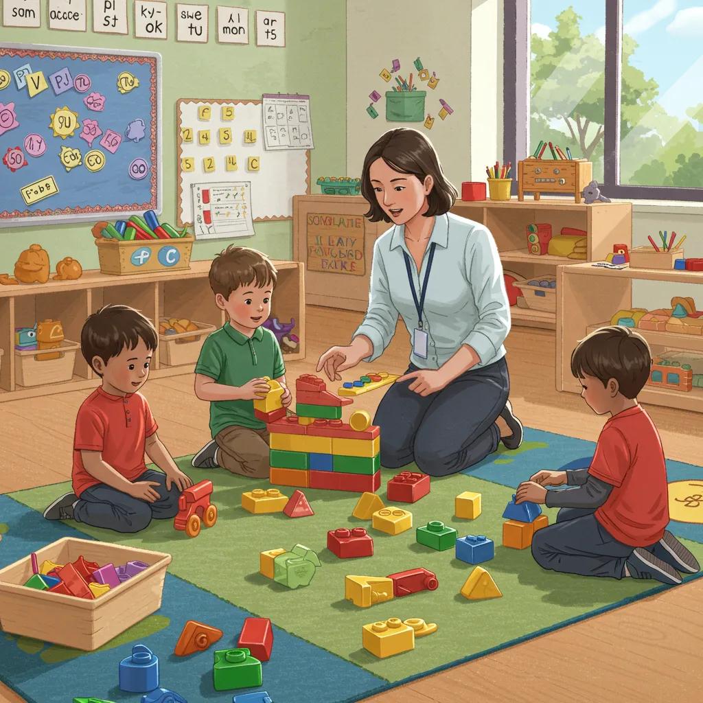 Teacher facilitating play-based learning with children in a well-organized classroom