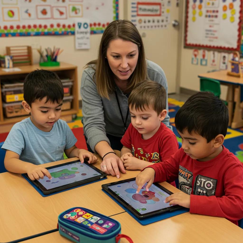 Teacher facilitating preschoolers using interactive tablets for learning, promoting early literacy and numeracy skills through collaborative engagement in a classroom setting.
