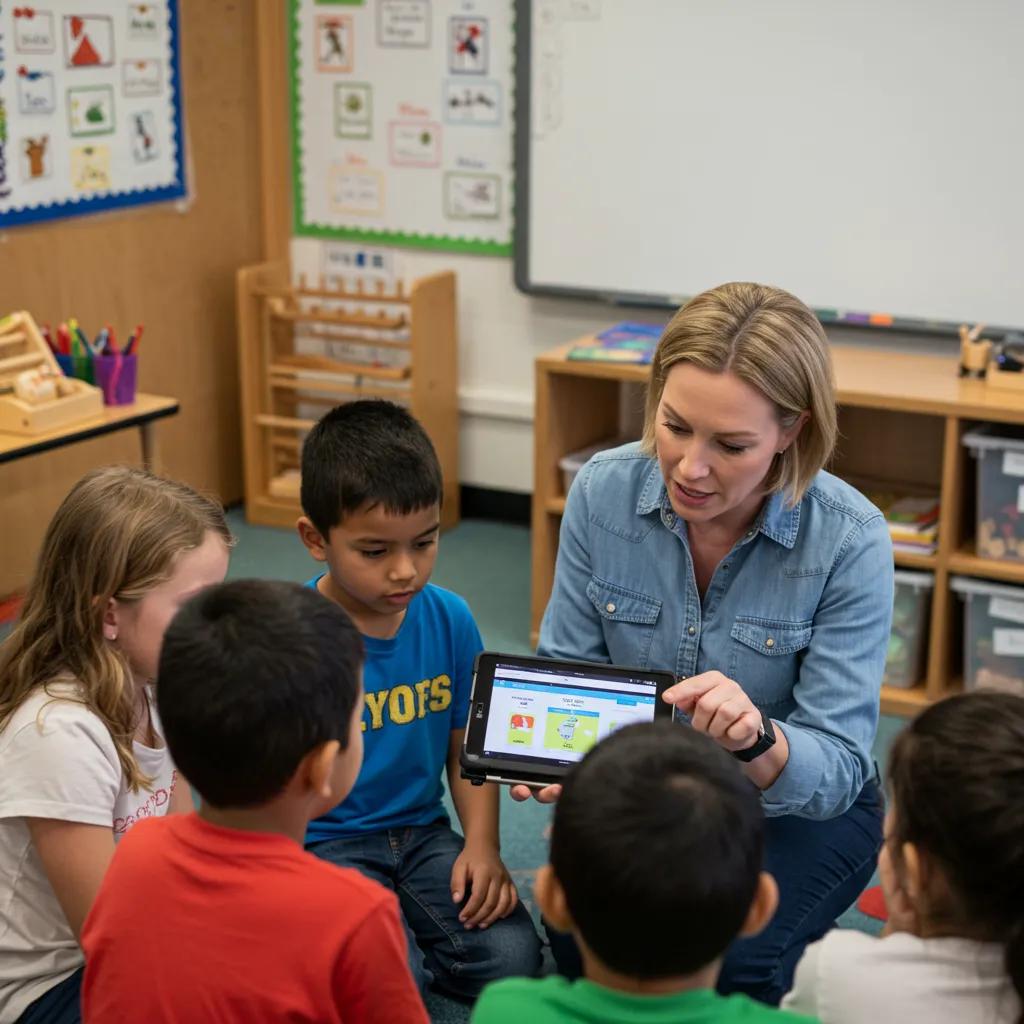 Teacher guiding children in using educational technology, exemplifying best practices in early childhood education