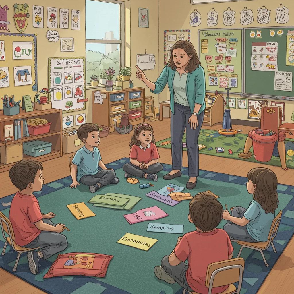 Teacher guiding preschoolers in learning about the five core components of social emotional learning