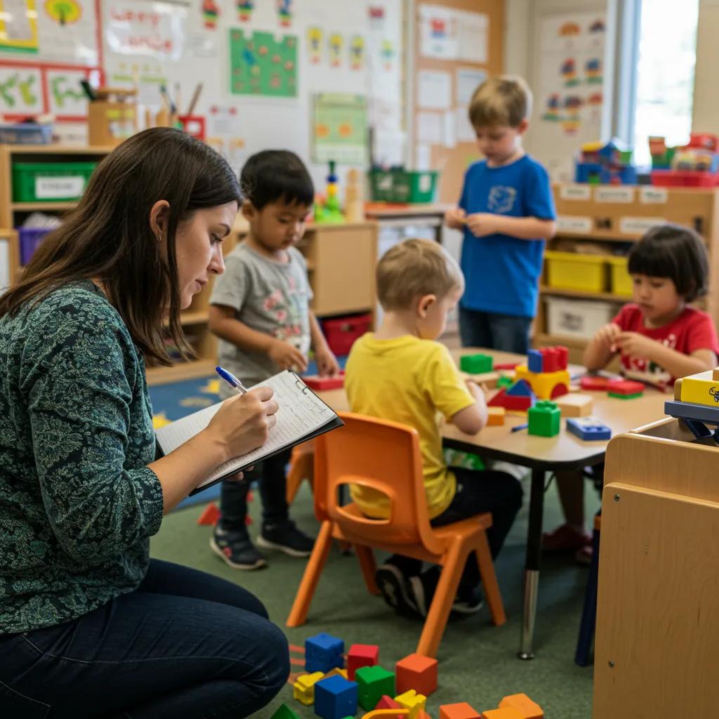 Teacher observing children during free play, documenting behaviors in a classroom