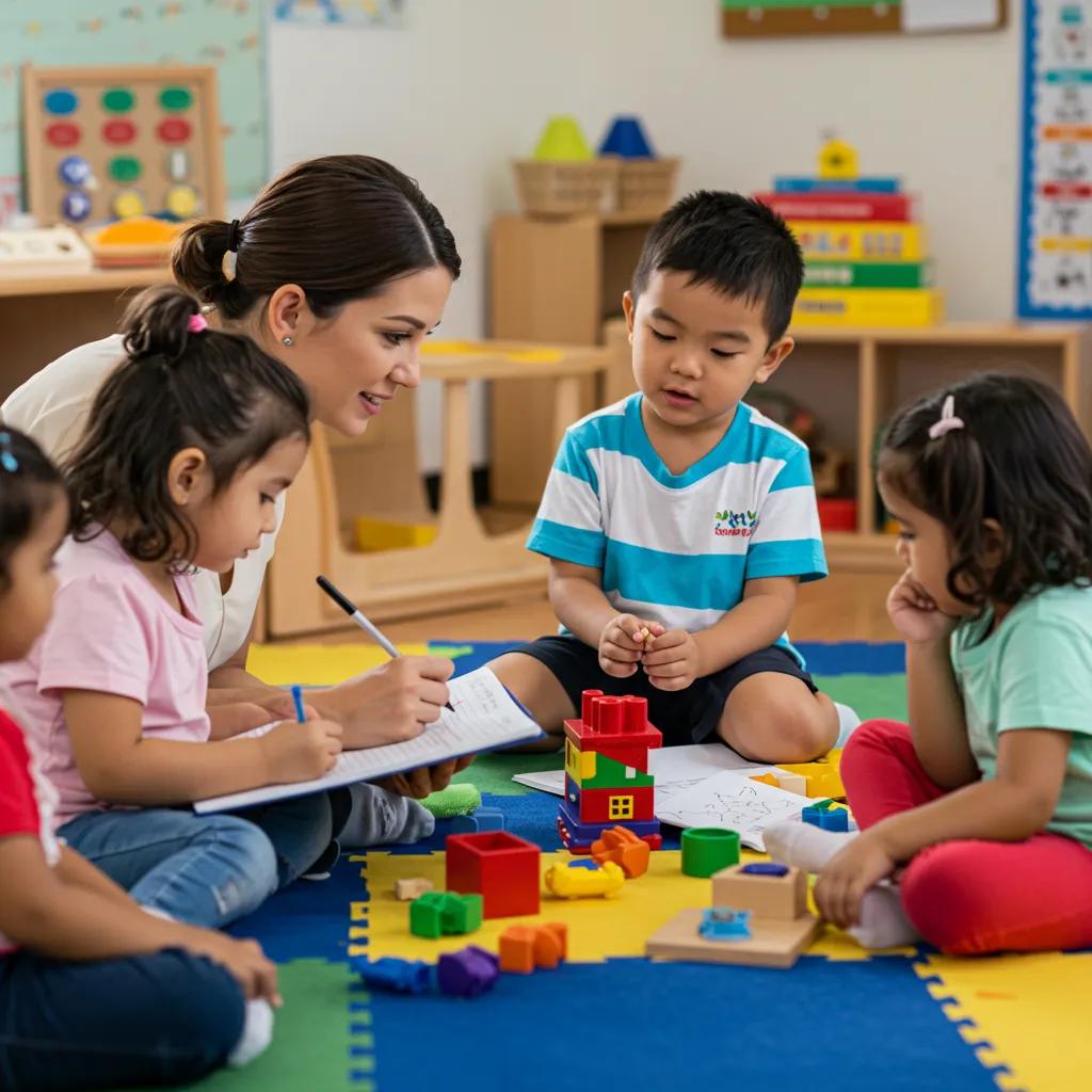 Teacher observing children during playtime, illustrating the role of assessments in supporting holistic child development