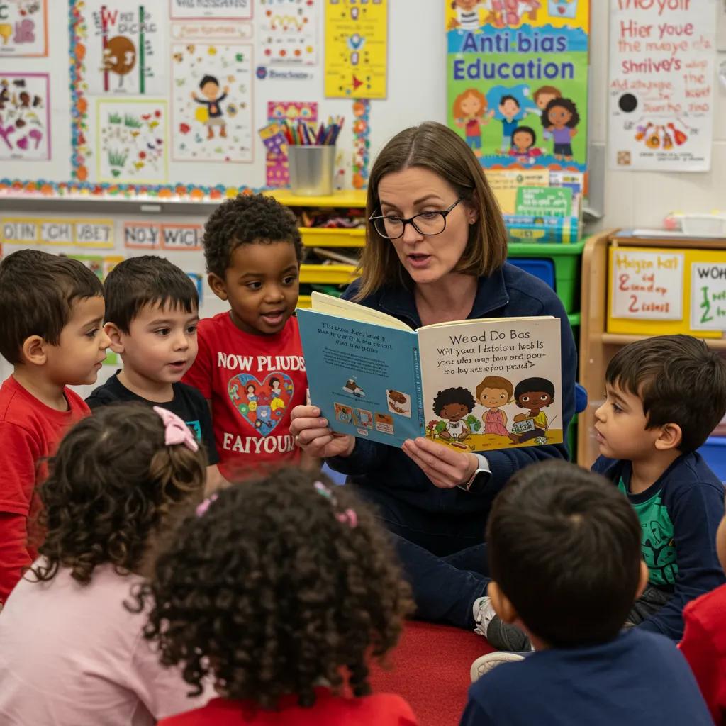 Teacher reading a diverse story to children, promoting anti-bias education in a classroom setting
