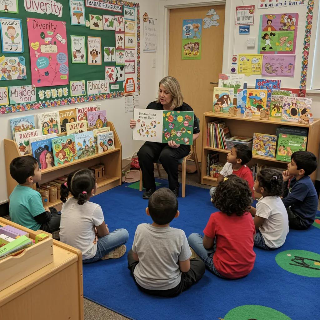 Teacher reading to preschoolers with diverse children's books in a colorful classroom