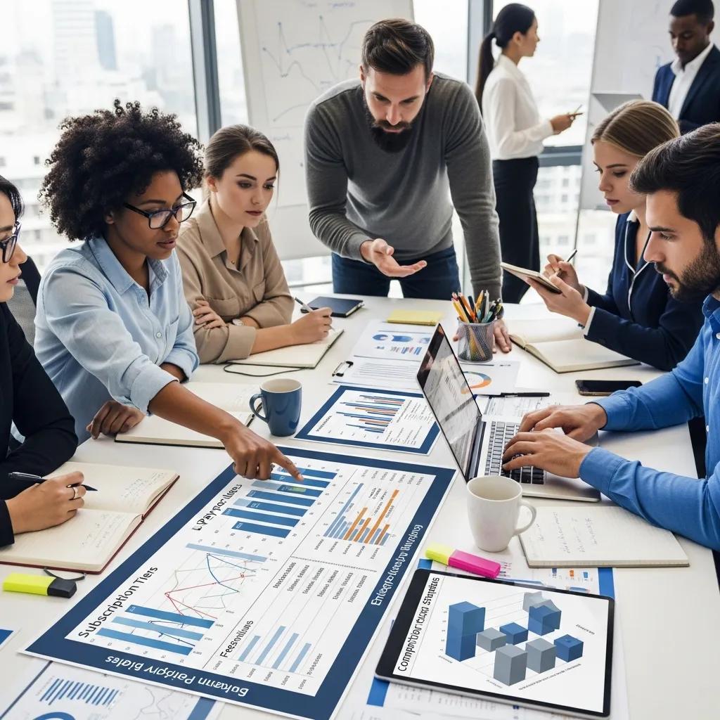 Cross-functional team reviewing Voice AI pricing options at a conference table