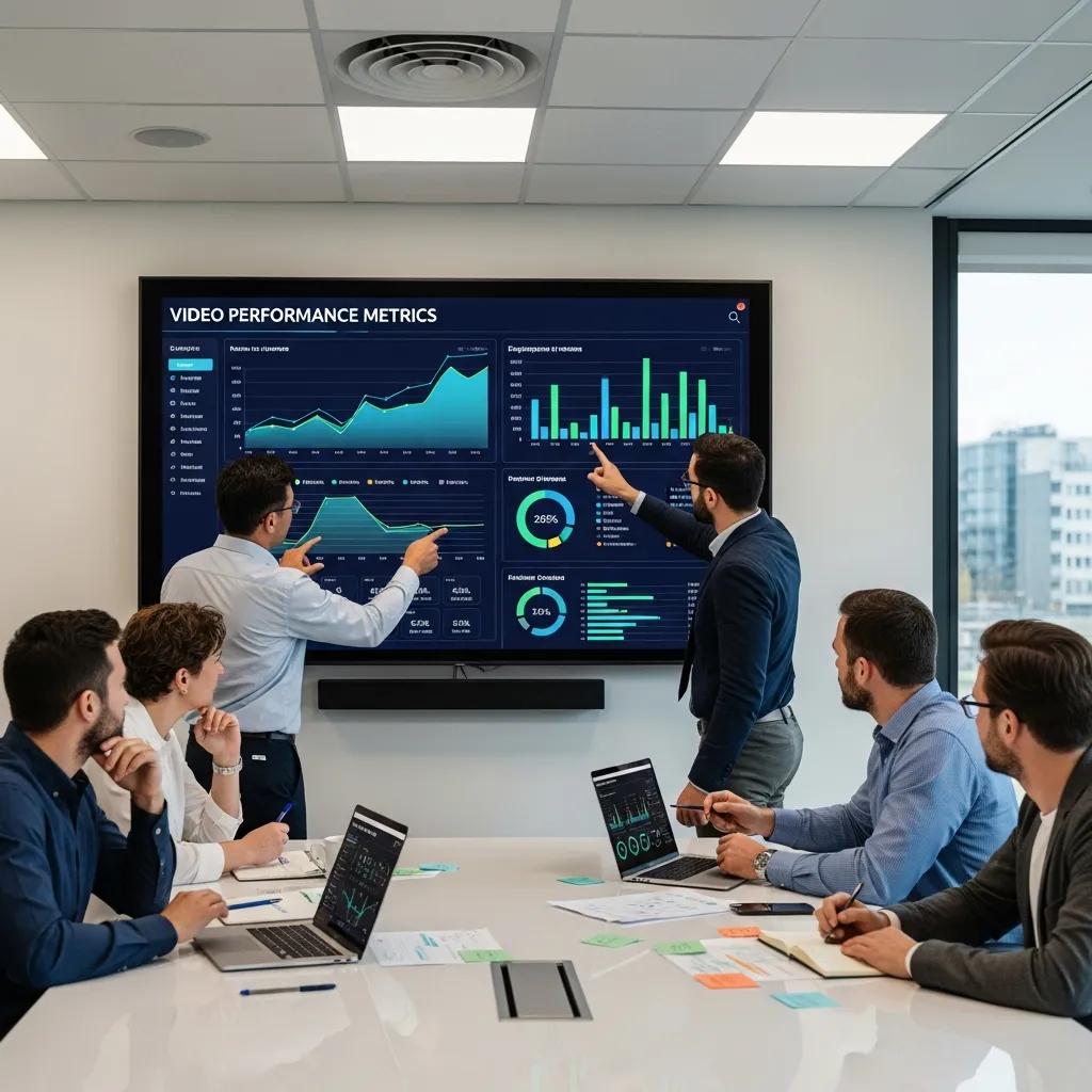 Team analyzing video performance metrics in a collaborative conference room setting