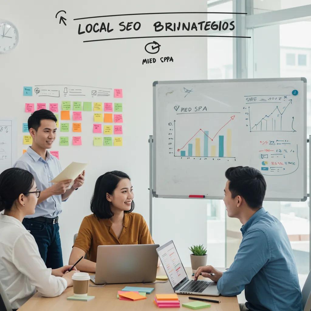 Team brainstorming local SEO strategies in a collaborative workspace