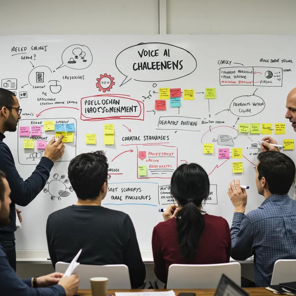 Team brainstorming voice AI implementation challenges on a whiteboard