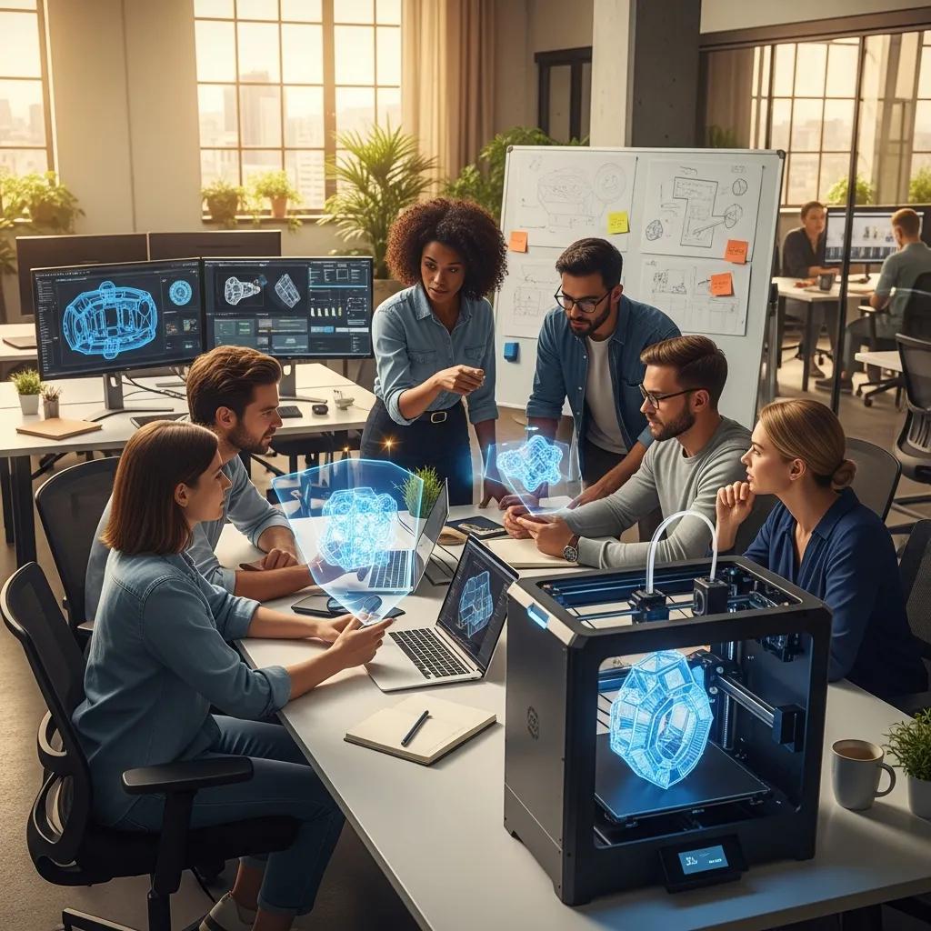 Team working together on a 3D-printed prototype in a bright studio