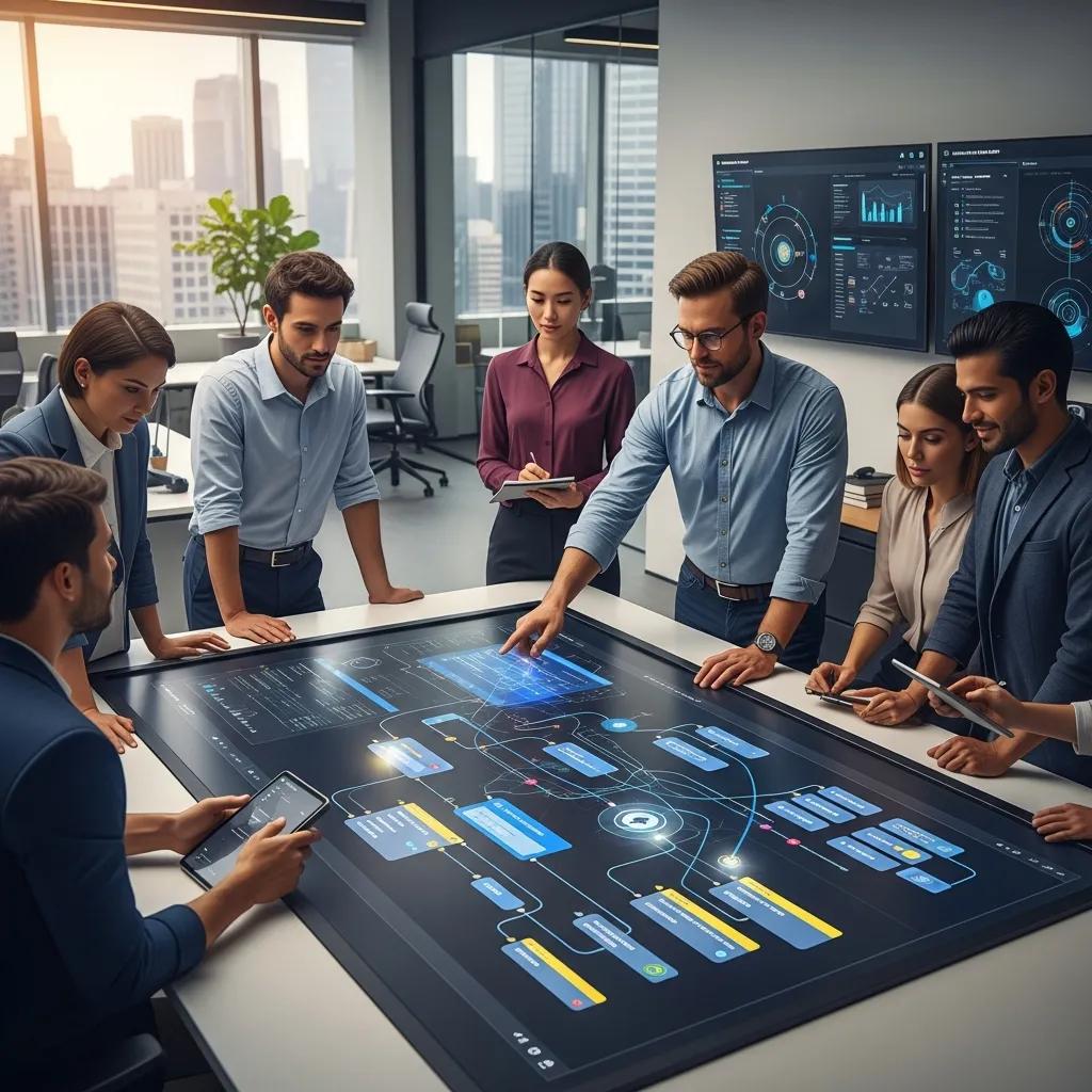 Team collaborating on custom agent-based workflows in a modern office