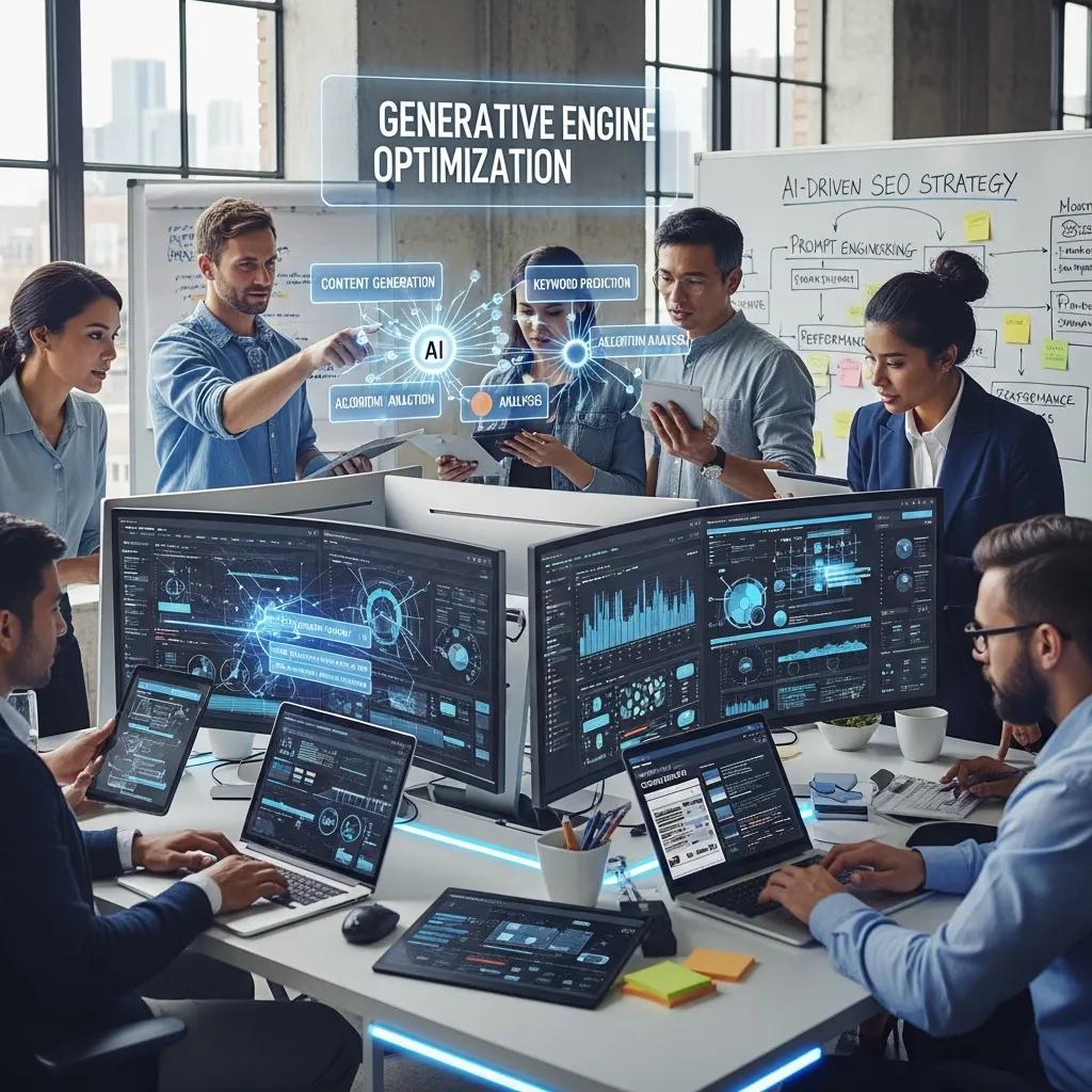 Team collaborating on Generative Engine Optimization strategies in a modern office setting