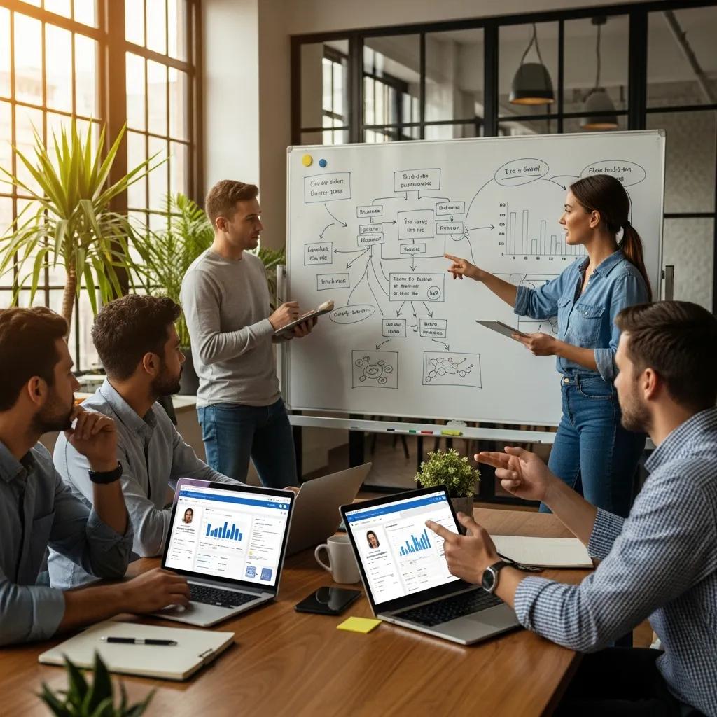 Team collaborating on LinkedIn outreach strategies in a modern office