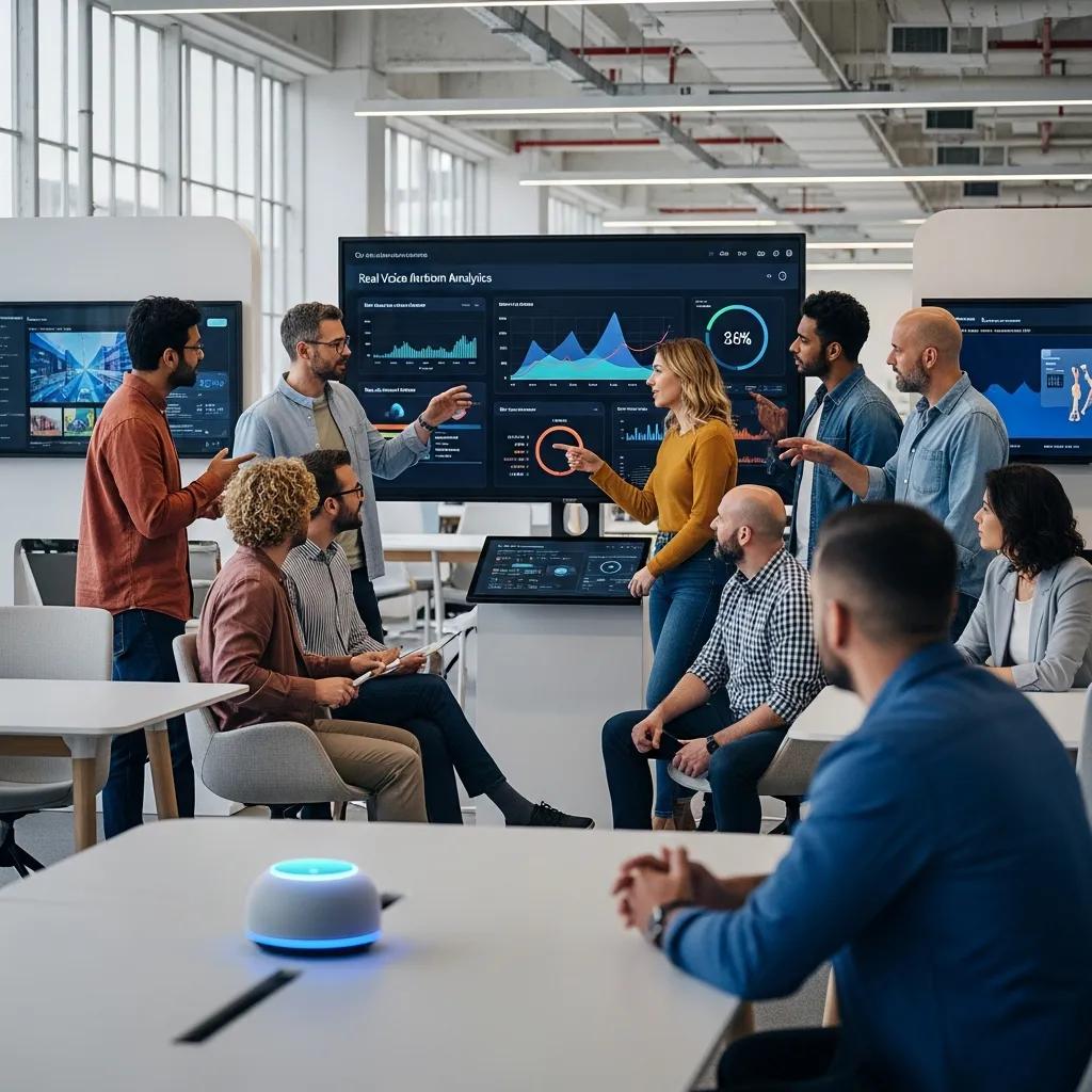 Colleagues collaborating around voice assistant tools in a modern office Colleagues collaborating around voice assistant tools in a modern office