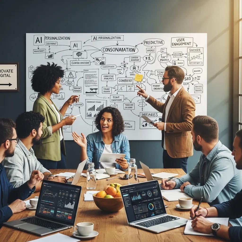 Team discussing AI content marketing strategies in a modern office setting