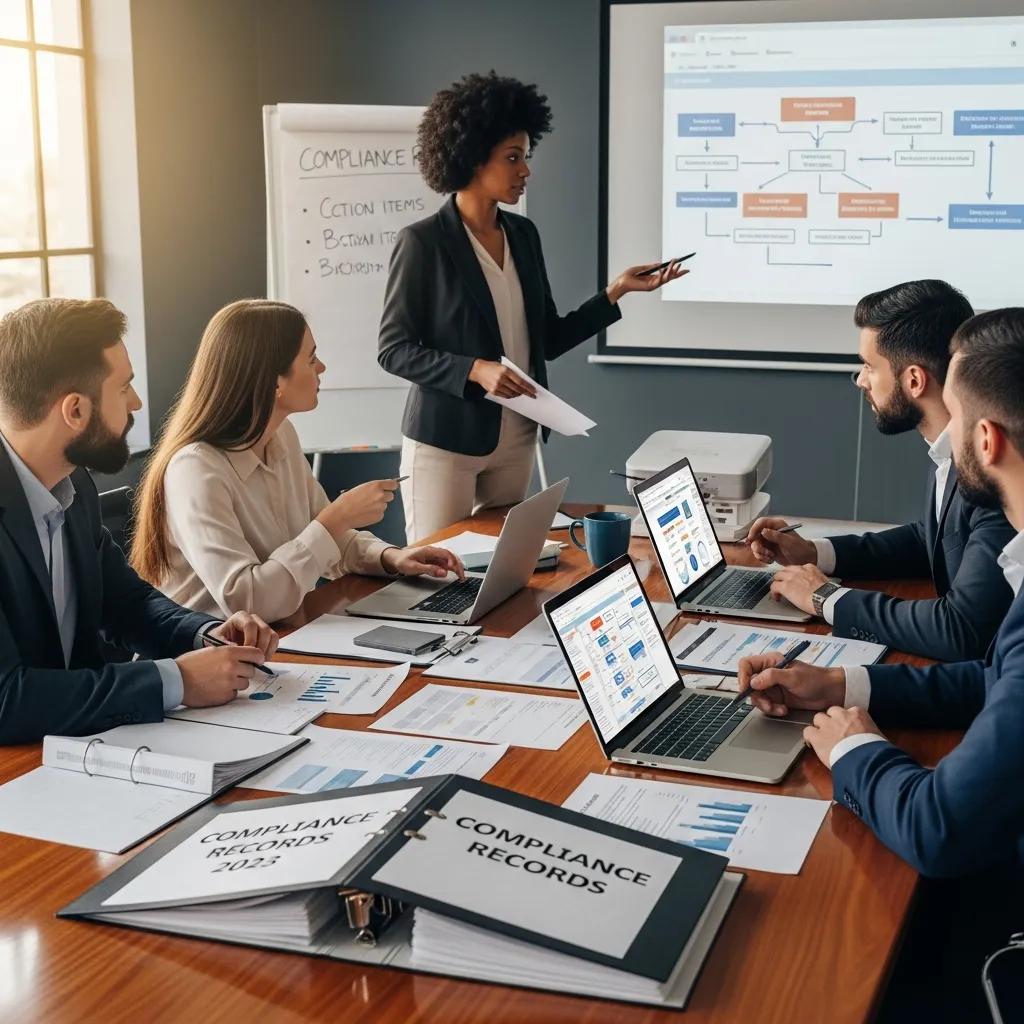 Team meeting discussing compliance training documentation and tracking methods