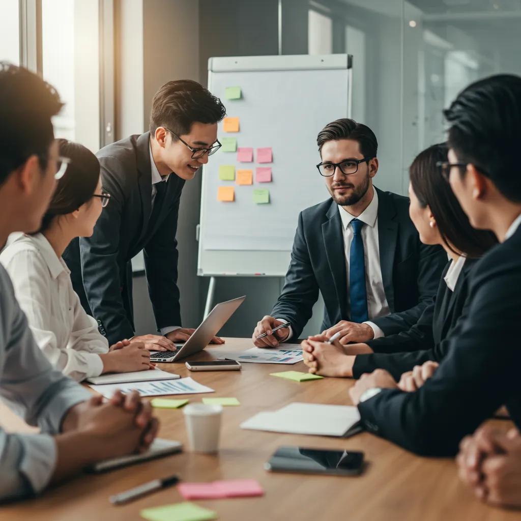 Team members in a conference room engaged in a sincere apology, highlighting the application of apology languages in the workplace Team members in a conference room engaged in a sincere apology, highlighting the application of apology languages in the workplace