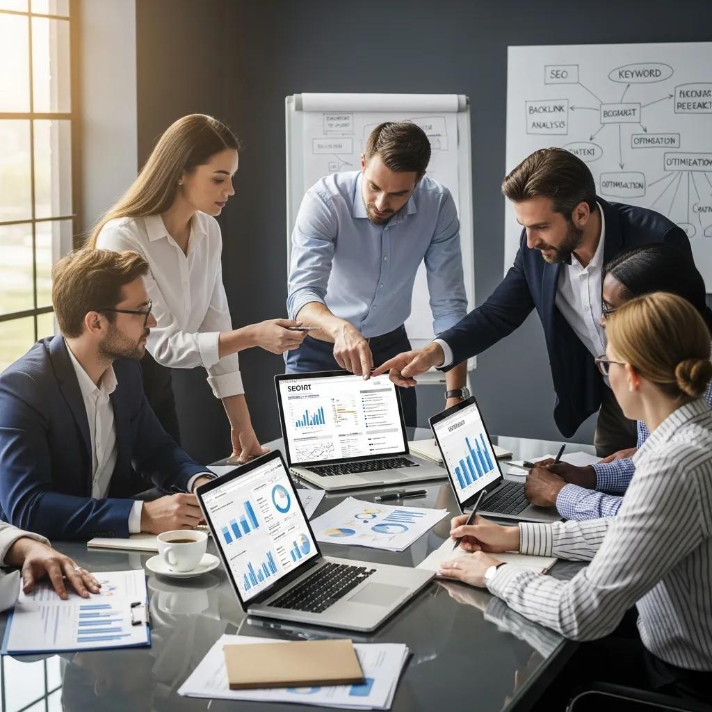 A team collaborating on SEO strategy and audit results at a meeting table