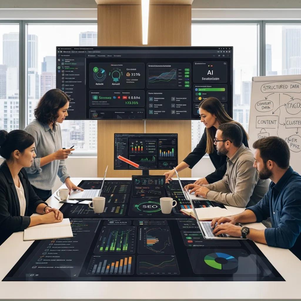 Team of professionals collaborating on SEO strategies with digital screens showing data analytics