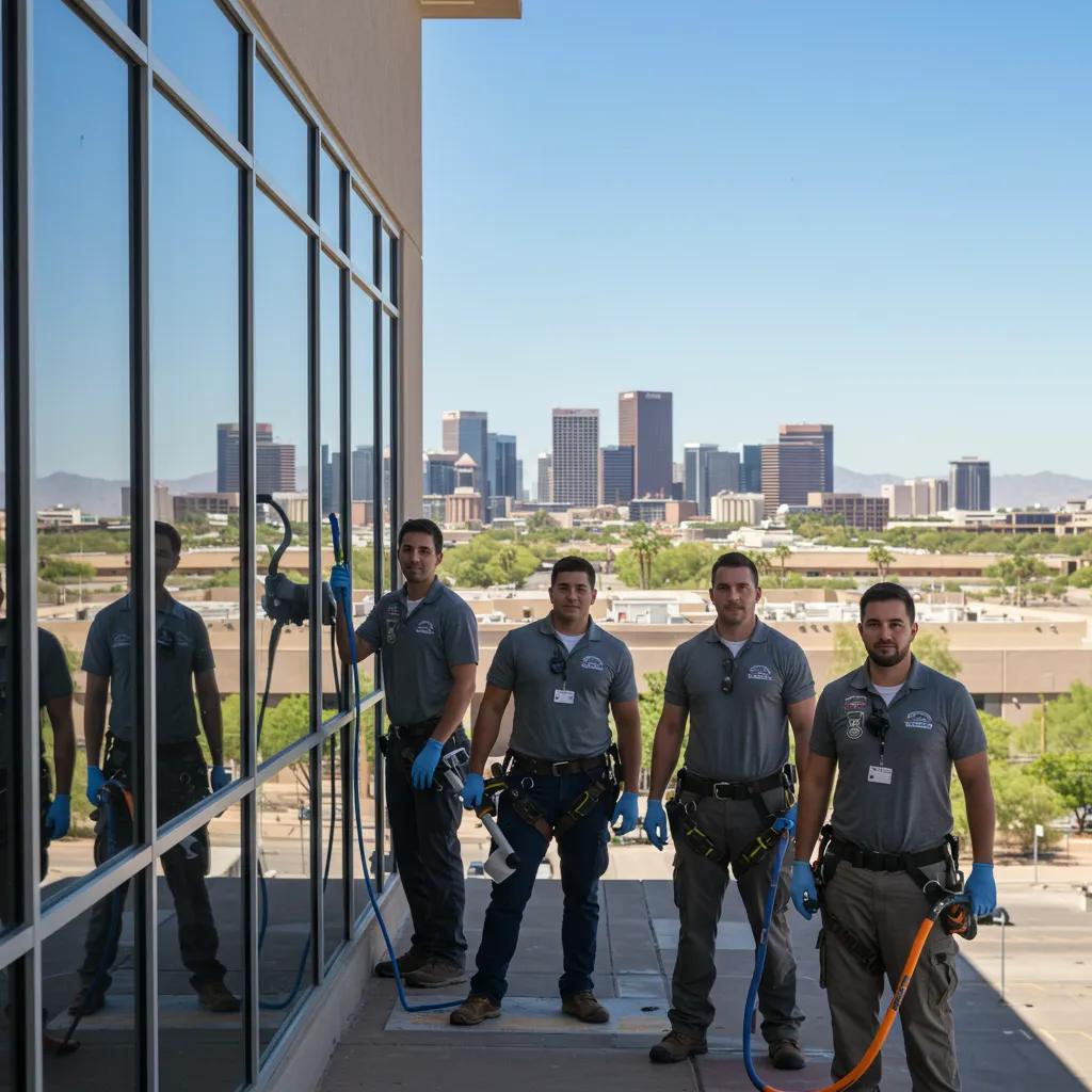 Team of trained window cleaners working on a commercial building in Phoenix, Arizona