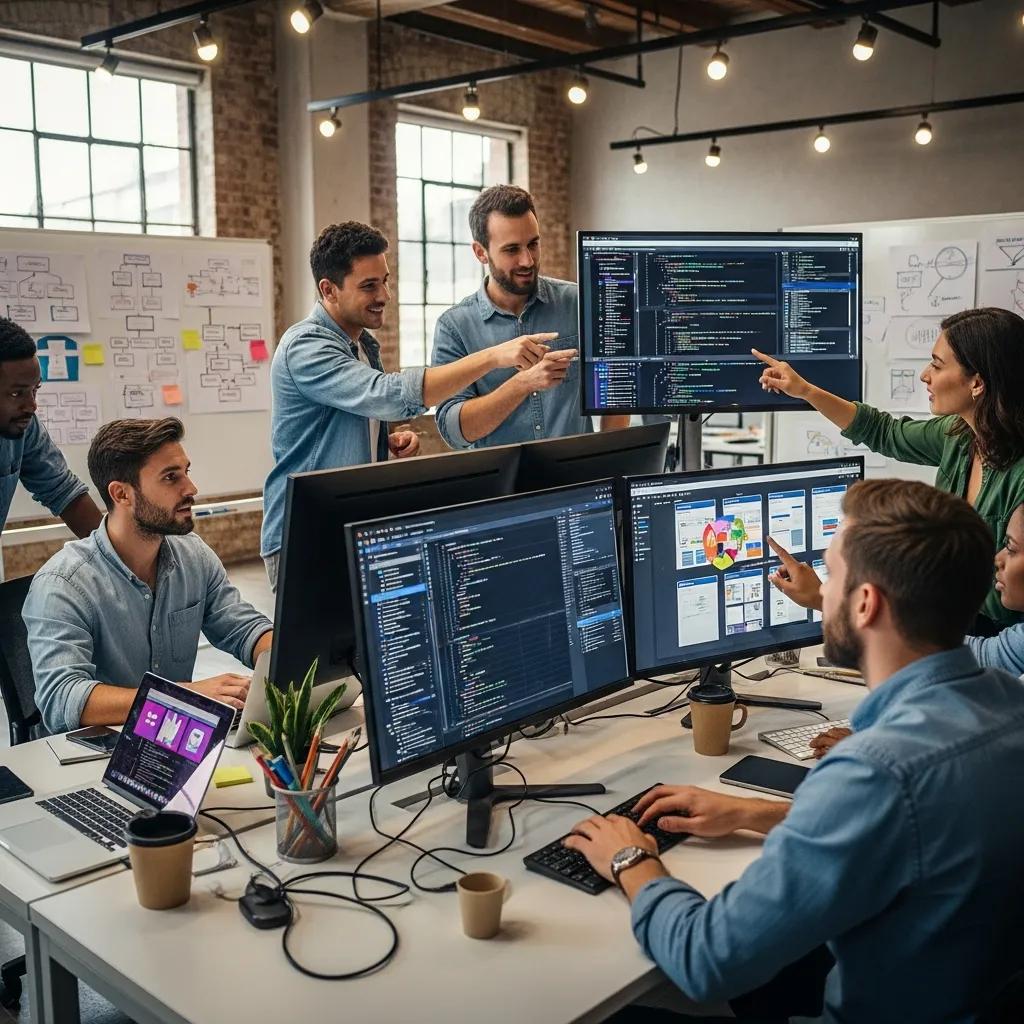 Team of web developers collaborating on bespoke web development, showcasing teamwork and innovation