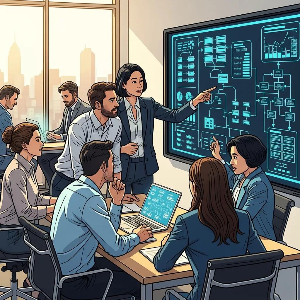Team planning a digital system integration strategy in a contemporary workspace