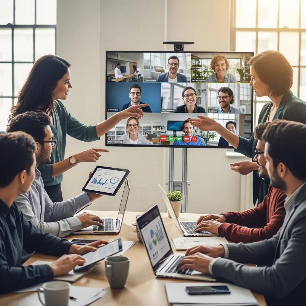 Team using integrated communication tools in a collaborative workspace