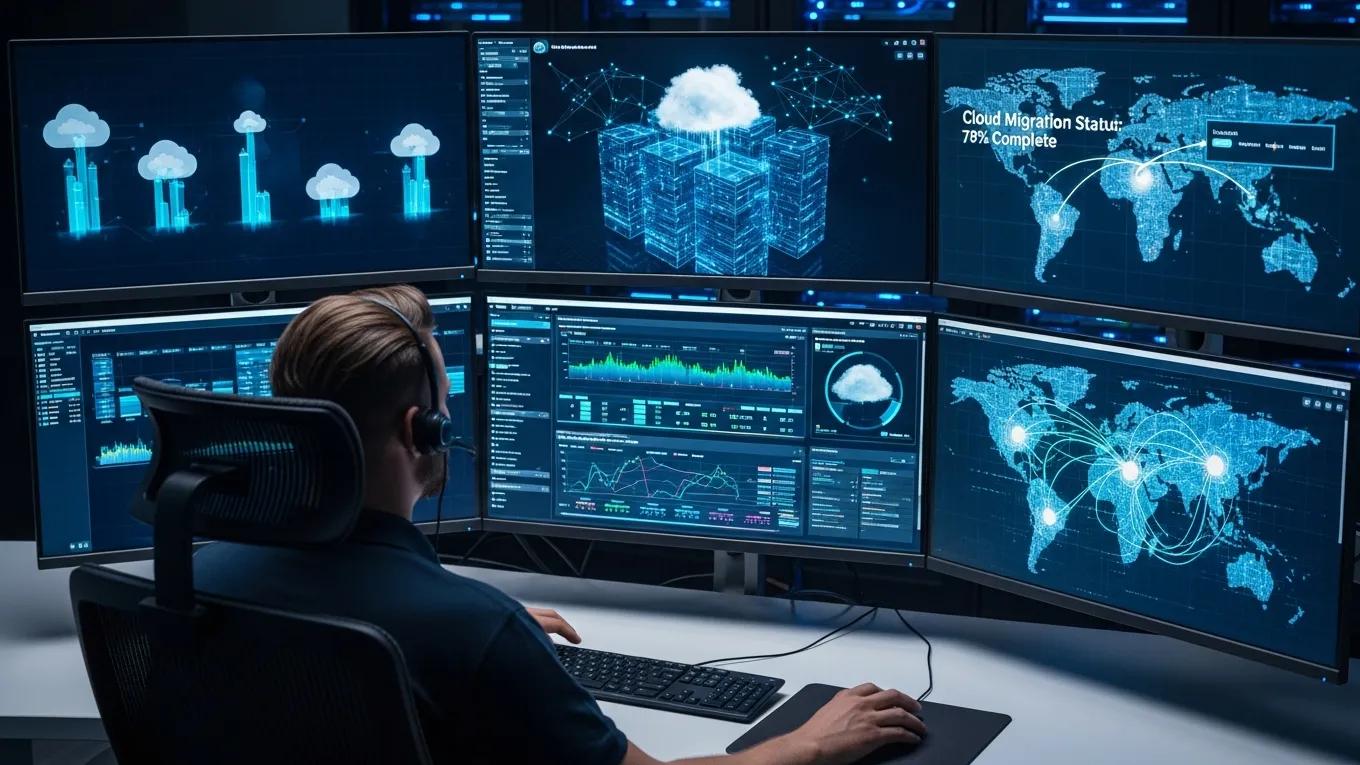 Tech support professional monitoring cloud infrastructure in a command center setting