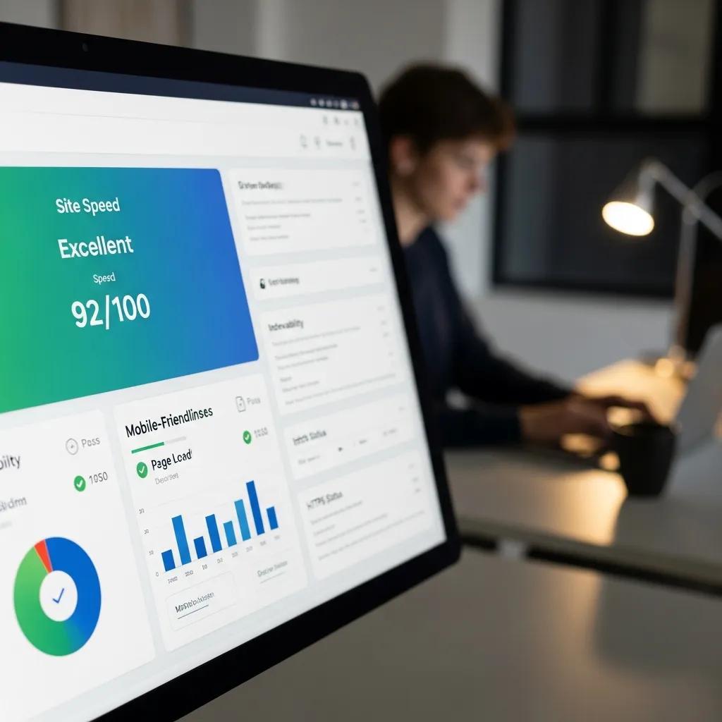 Technical SEO audit on a screen showing site performance metrics