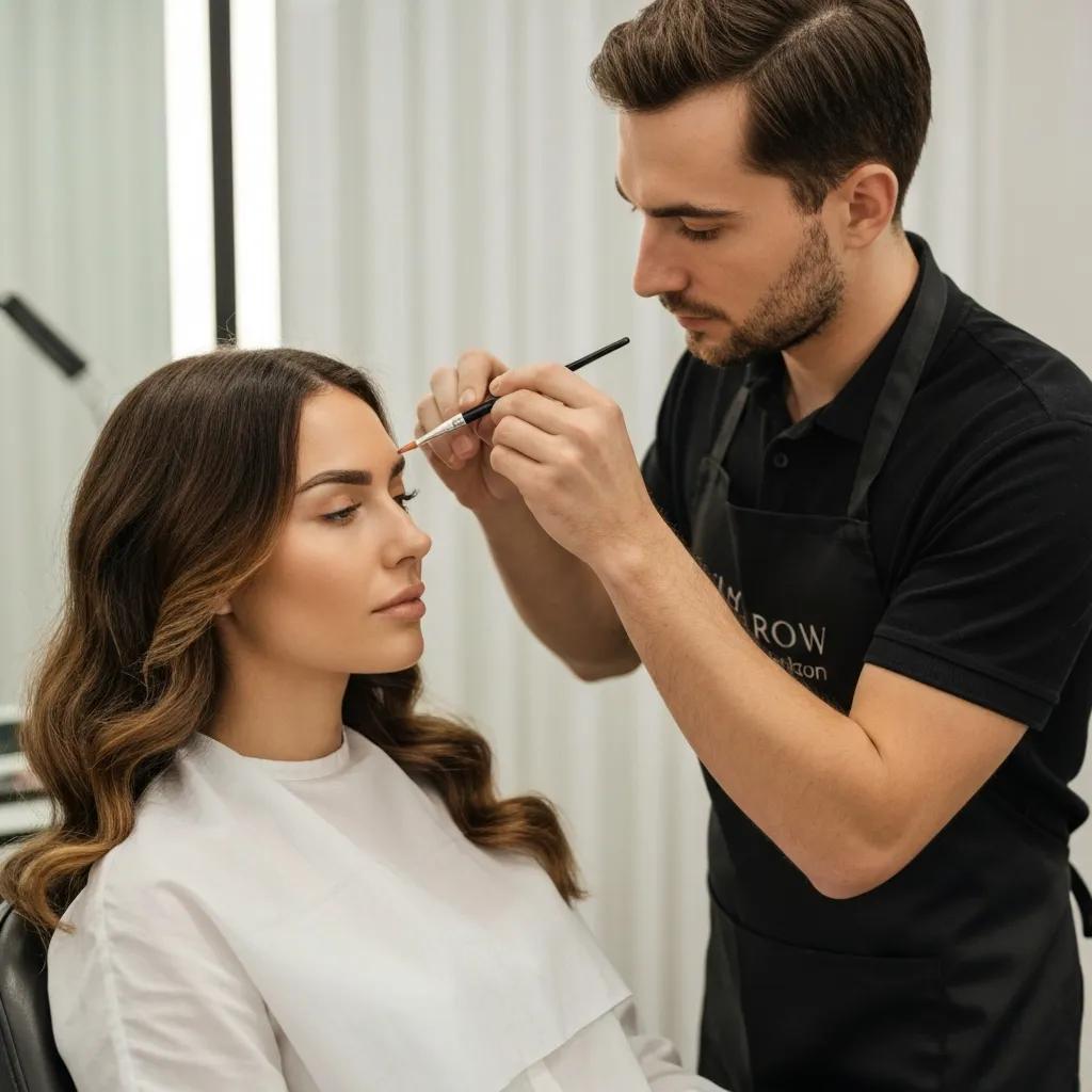 Salon technician performing brow lamination to create textured fluffy brows