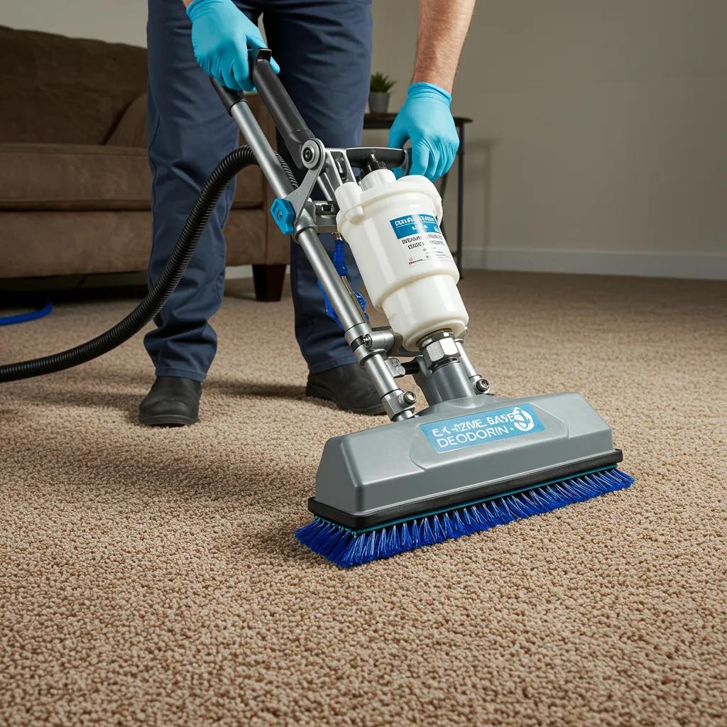 Technician applying enzyme-based deodorizing treatment to a carpet, showcasing professional cleaning methods