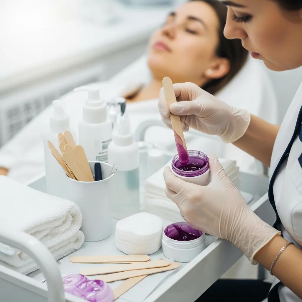 Technician applying gentle hard wax during a Brazilian wax session, showcasing hygiene and professionalism