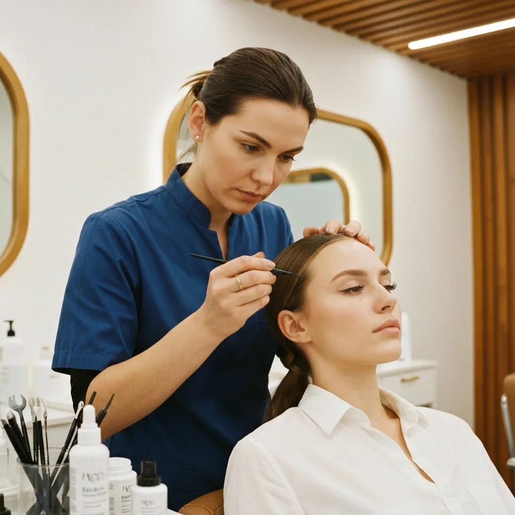 Technician applying lash tint at NY Brows & Beauty — close-up of dyeing natural lashes for added definition