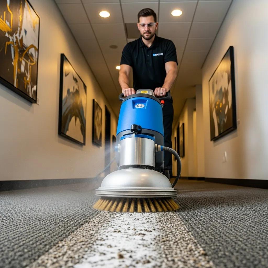 Technician applying low-moisture encapsulation cleaning solution to commercial carpet for fast drying