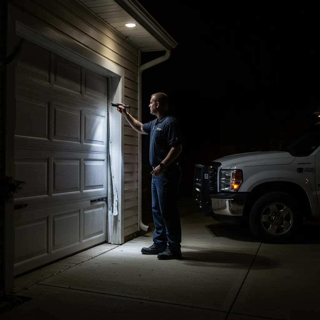 MTL Door PRO technician inspecting emergency garage door damage at night, ensuring safety