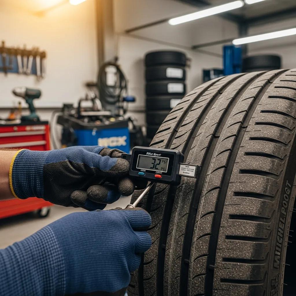 Technician checking tire pressure and measuring tread depth to improve vehicle performance