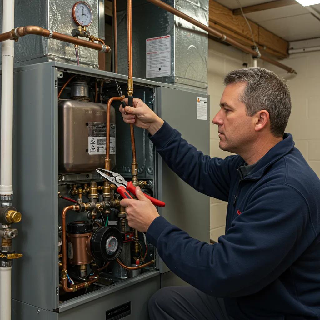 Technician conducting safety checks on a furnace, highlighting the importance of annual inspections for home safety