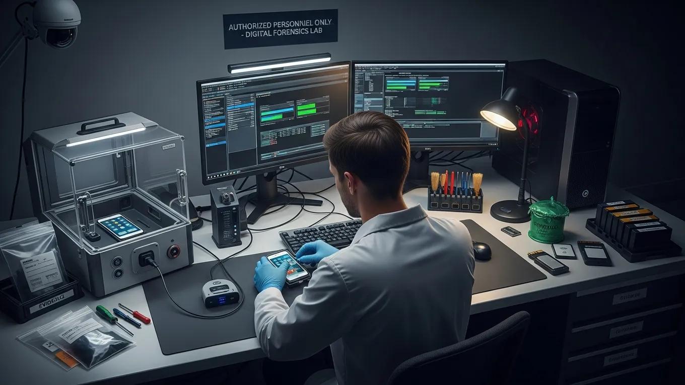 Technician demonstrating evidence preservation techniques in digital forensics