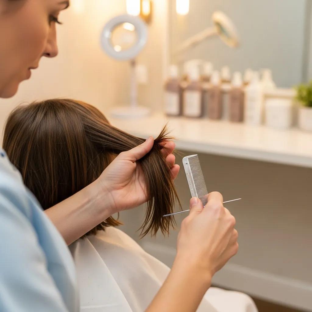 Technician demonstrating the step-by-step lice removal process on a child's hair